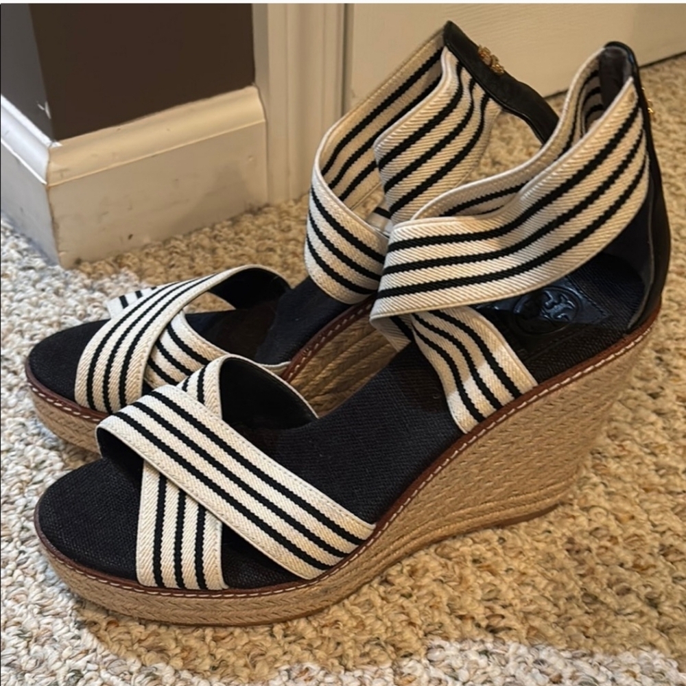 Tory Burch Black and Cream Wedges Nautical-Inspired Design